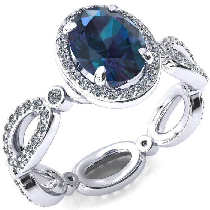 Polaris Oval Alexandrite 4 Claw Prongs Diamond Halo Full Eternity Accent Ring Fire Brilliance Rings