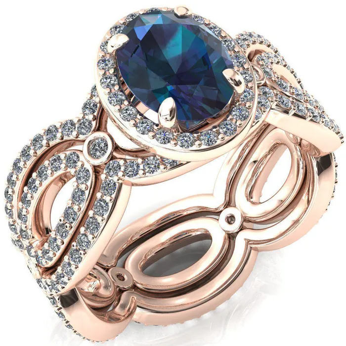 Polaris Oval Alexandrite 4 Claw Prongs Diamond Halo Full Eternity Accent Ring Fire Brilliance Rings