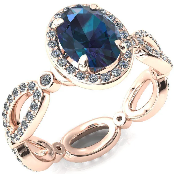Polaris Oval Alexandrite 4 Claw Prongs Diamond Halo Full Eternity Accent Ring Fire Brilliance Rings