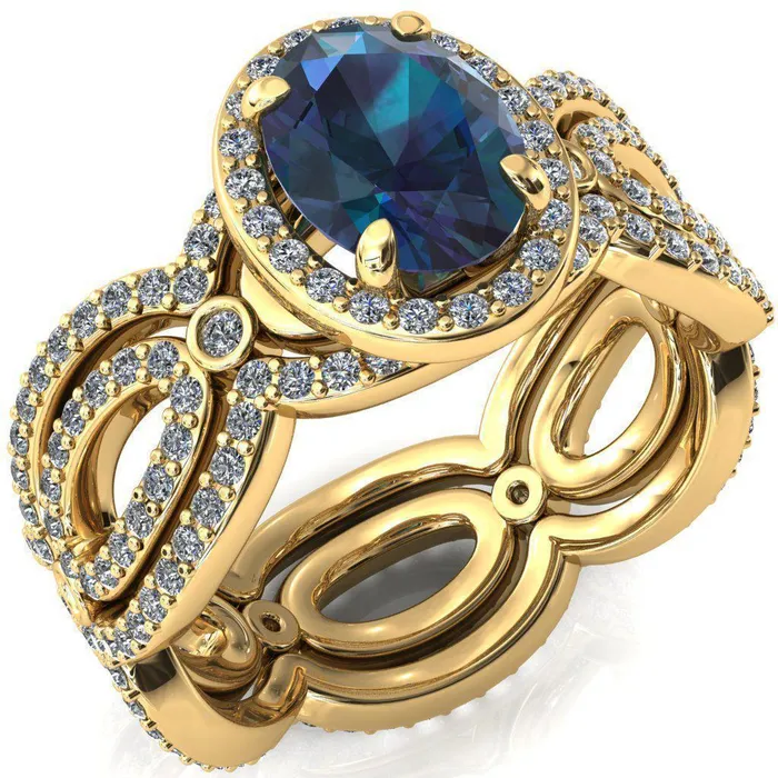 Polaris Oval Alexandrite 4 Claw Prongs Diamond Halo Full Eternity Accent Ring Fire Brilliance Rings