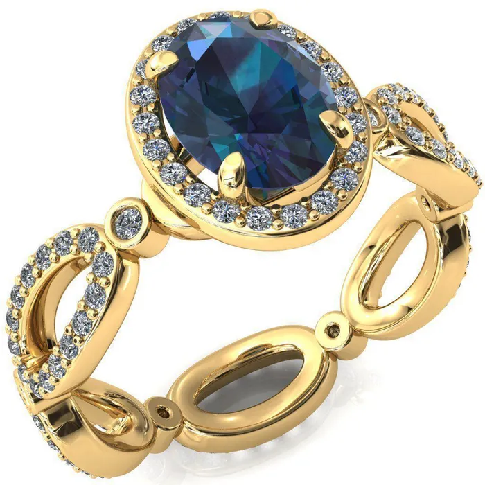 Polaris Oval Alexandrite 4 Claw Prongs Diamond Halo Full Eternity Accent Ring Fire Brilliance Rings