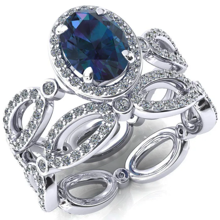 Polaris Oval Alexandrite 4 Claw Prongs Diamond Halo Full Eternity Accent Ring Fire Brilliance Rings