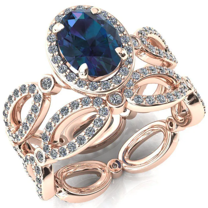 Polaris Oval Alexandrite 4 Claw Prongs Diamond Halo Full Eternity Accent Ring Fire Brilliance Rings