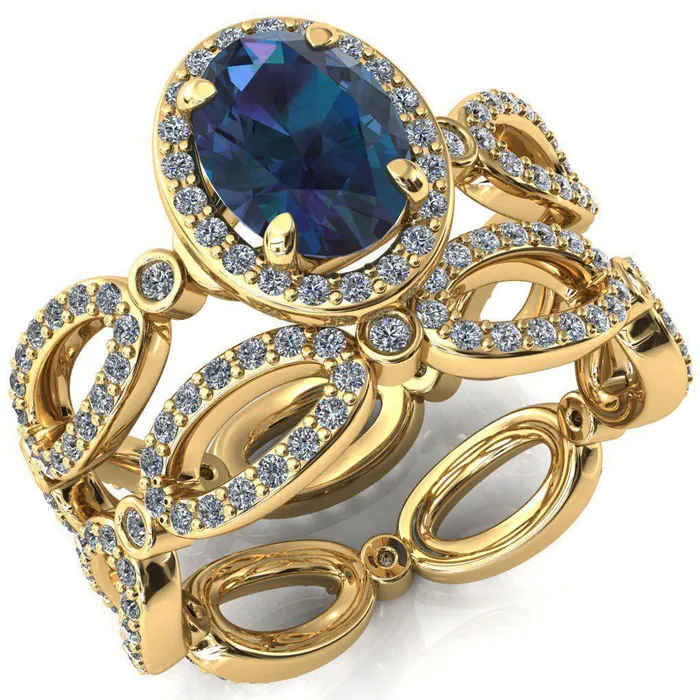 Polaris Oval Alexandrite 4 Claw Prongs Diamond Halo Full Eternity Accent Ring Fire Brilliance Rings