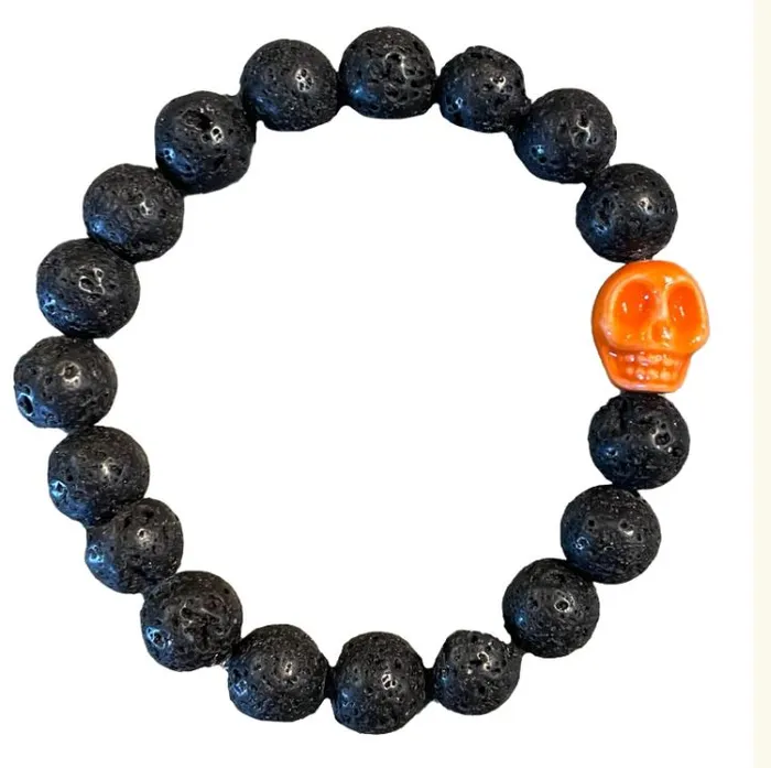 polly B872 Black Lava Stone Orange Skull Bead Bracelet Bracelets