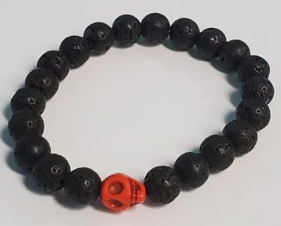 polly B872 Black Lava Stone Orange Skull Bead Bracelet Bracelets