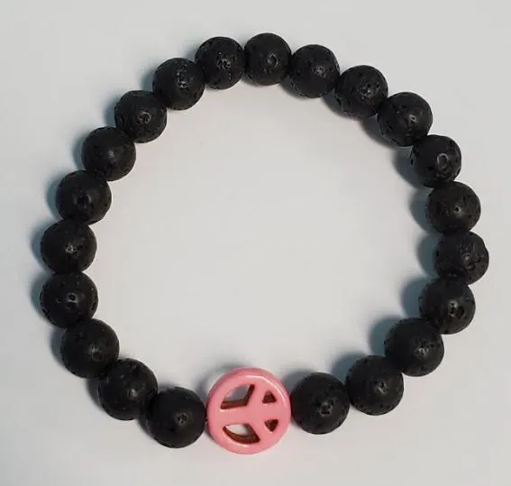polly Bracelets B470 Black Lava Stone Pink Peace Sign Bead Bracelet