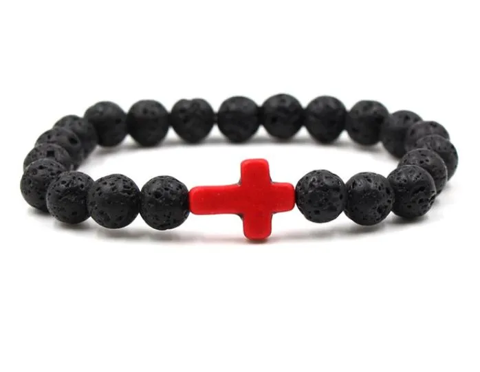 polly Bracelets B554 Black Lava Stone Red Cross Bead Bracelet