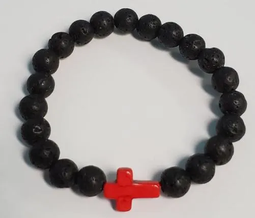 polly Bracelets B554 Black Lava Stone Red Cross Bead Bracelet