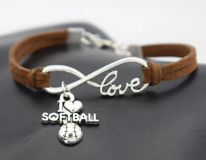 polly Bracelets B876 Brown I Love Softball Leather Cord Bracelet