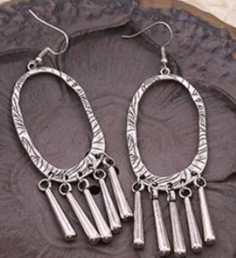 polly Earrings E1049 Silver Decorated Oval Tassel Earrings