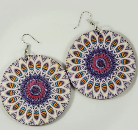 polly Earrings E1379 Large Round Wooden Colorful Festive Earrings