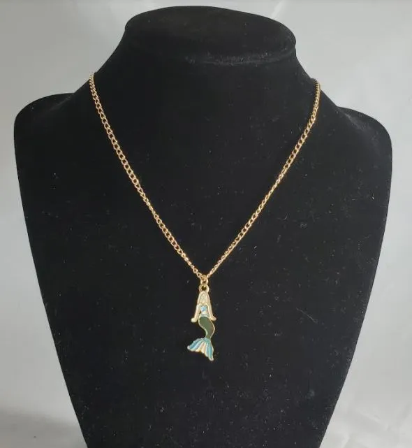 polly N1200 Gold Teal Blue Baked Enamel Mermaid Necklace with FREE Earrings Necklaces