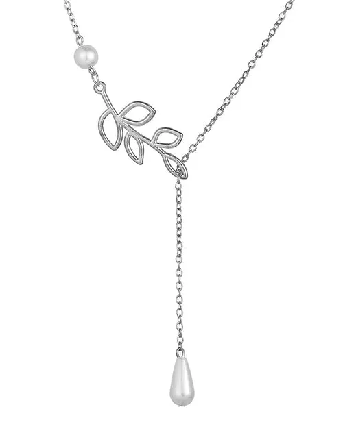 polly Necklaces N1137 Silver Leaf Pearl Drop Necklace with FREE Earrings