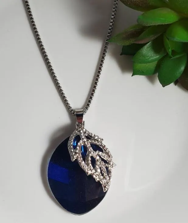 polly Necklaces N2202 Silver Rhinestone Leaf Royal Blue Gemstone Necklace with FREE Earrings polly Necklaces N2202 Silver Rhinestone Leaf Royal Blue Gemstone Necklace with FREE Earrings