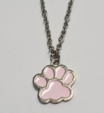 polly Necklaces N244 Silver Light Pink Paw Print Necklace with FREE Earrings