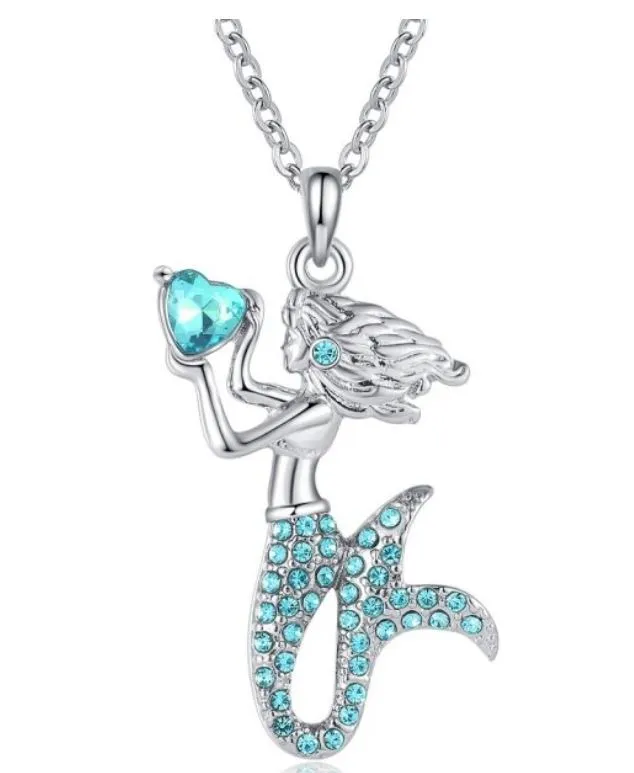 POLLY Necklaces N506 Silver Light Blue Rhinestone Mermaid Necklace with Free Earrings POLLY Necklaces N506 Silver Light Blue Rhinestone Mermaid Necklace with Free Earrings