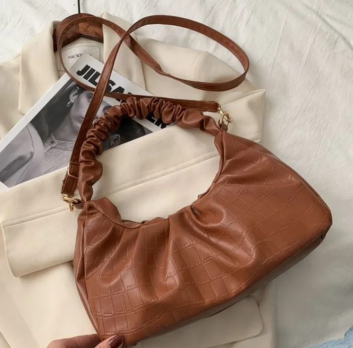 polly Necklaces PB167 Light Brown Crocodile Scrunched Handle Purse