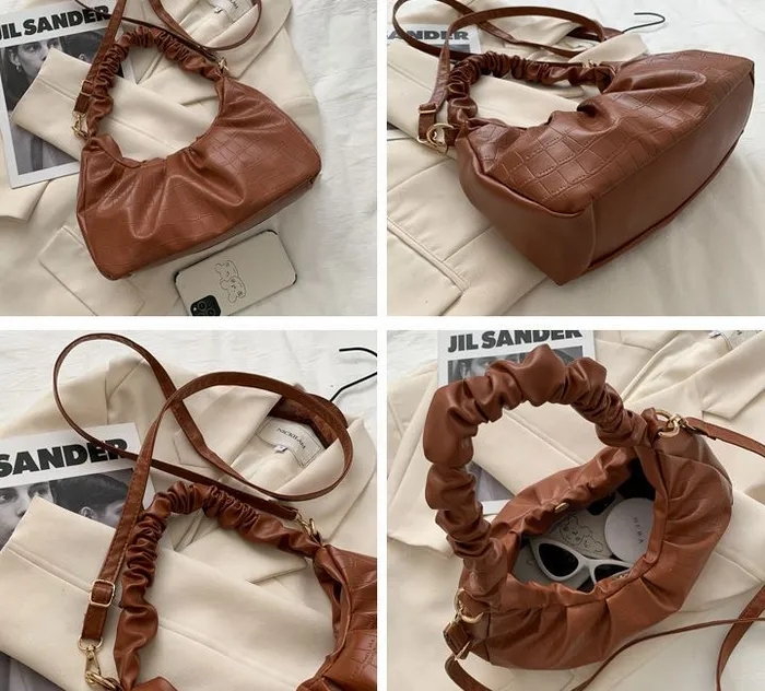 polly Necklaces PB167 Light Brown Crocodile Scrunched Handle Purse polly Necklaces PB167 Light Brown Crocodile Scrunched Handle Purse