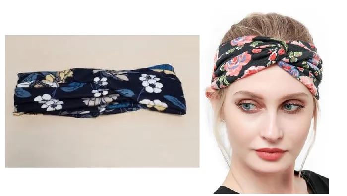 POLLY Rings H599 Navy Blue Floral Print Cross Knotted Head Band