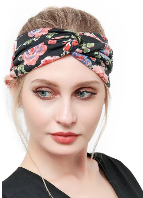 POLLY Rings H599 Navy Blue Floral Print Cross Knotted Head Band
