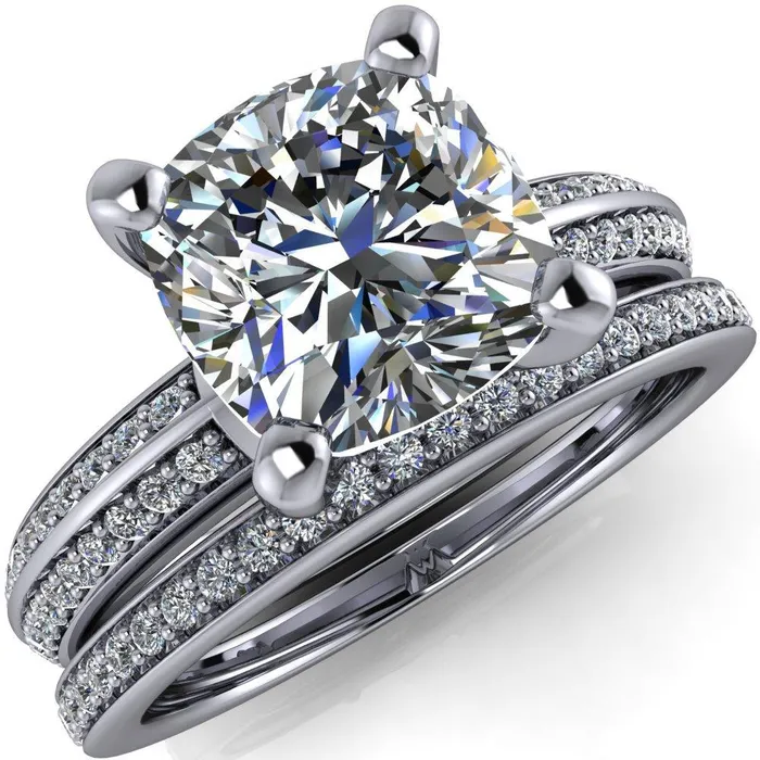 Priscilla Cushion Center Stone 4 Prong Double Channel Shank Engagement Ring Fire Brilliance Rings
