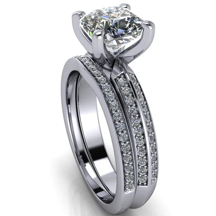 Priscilla Cushion Center Stone 4 Prong Double Channel Shank Engagement Ring Fire Brilliance Rings