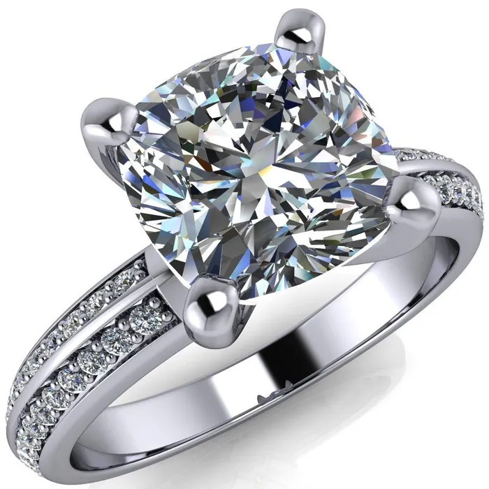 Priscilla Cushion Center Stone 4 Prong Double Channel Shank Engagement Ring Fire Brilliance Rings