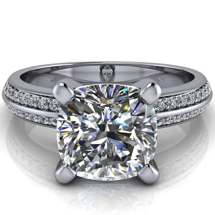 Priscilla Cushion Center Stone 4 Prong Double Channel Shank Engagement Ring Fire Brilliance Rings