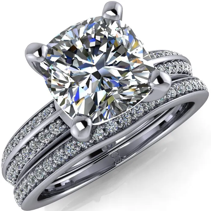 Priscilla Cushion Center Stone 4 Prong Double Channel Shank Engagement Ring Fire Brilliance Rings