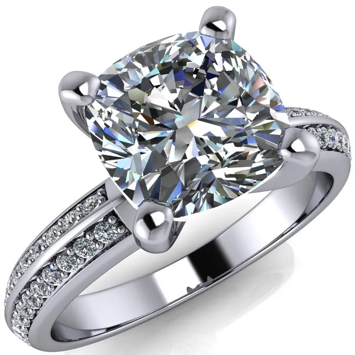 Priscilla Cushion Center Stone 4 Prong Double Channel Shank Engagement Ring Fire Brilliance Rings