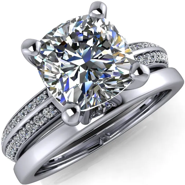 Priscilla Cushion Center Stone 4 Prong Double Channel Shank Engagement Ring Fire Brilliance Rings