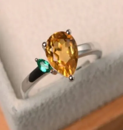 R263 Silver Yellow Teardrop Gem Ring alice Rings