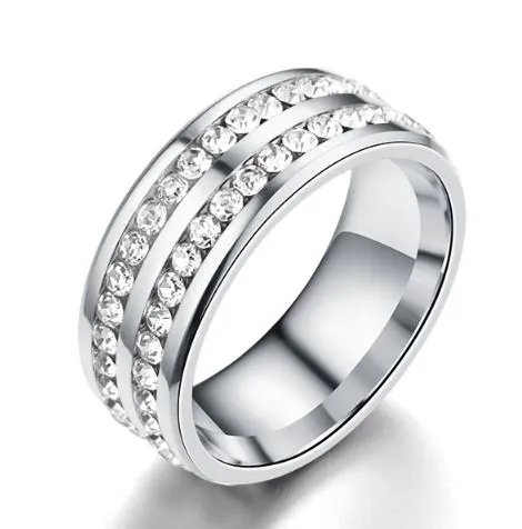 R420 Silver Diamonds Double Row Ring 01 Rings