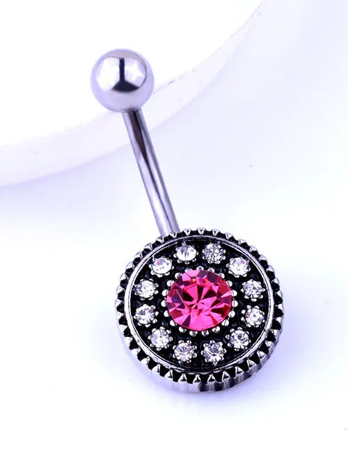 Rings 02 P106 Silver Pink Rhinestone Belly Button Ring