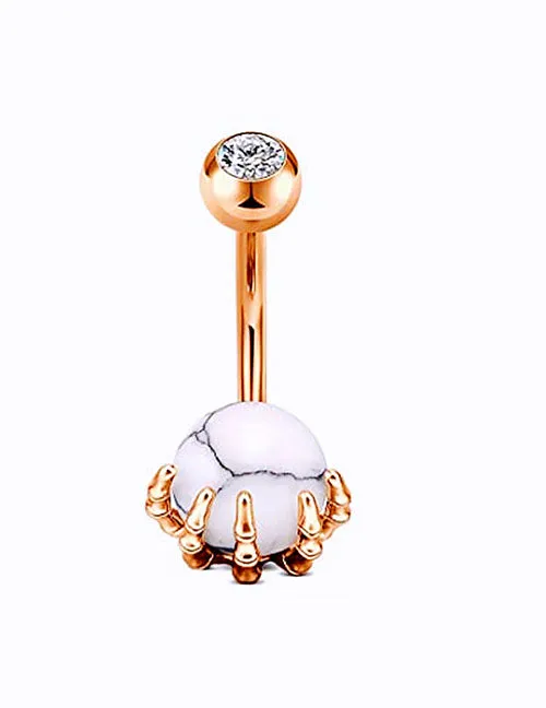 Rings 02 P58 Rose Gold White Crackle Ball Claw Belly Button Ring