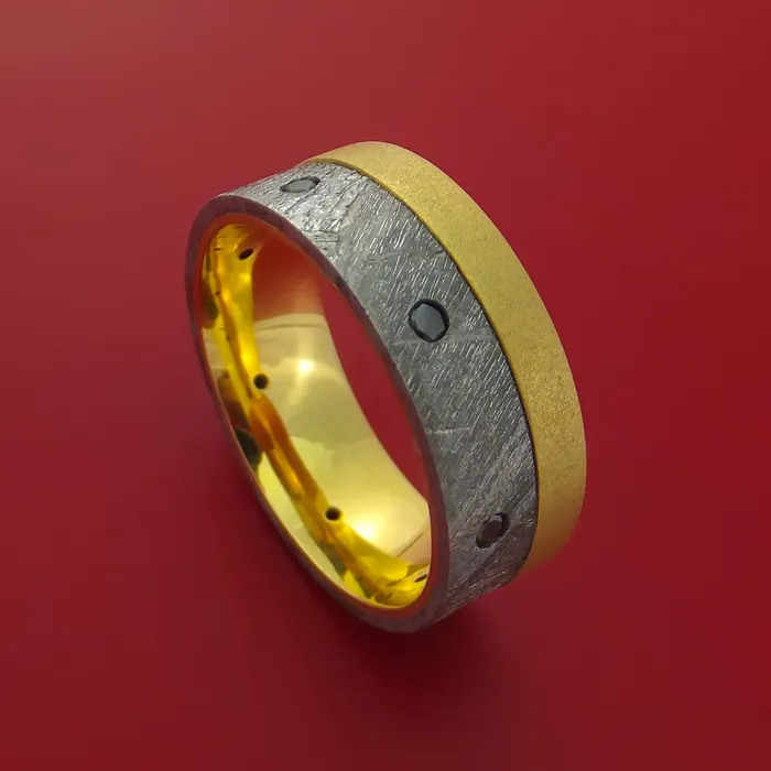 Rings 18K Yellow Gold Ring with Gibeon Meteorite Inlay and Diamond Custom Made Band Lashbrook Rings 18K Yellow Gold Ring with Gibeon Meteorite Inlay and Diamond Custom Made Band Lashbrook