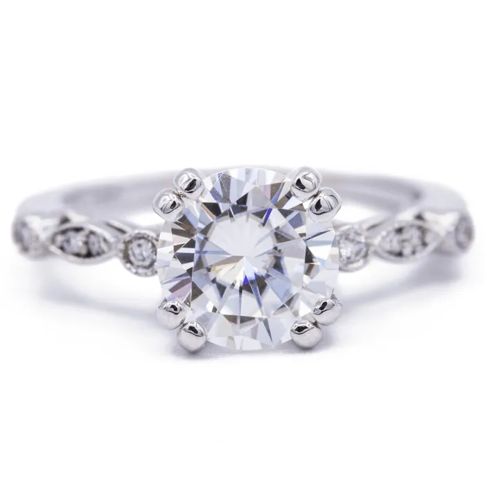 Rings 8mm Round Moissanite Milgrain Diamond Bezel 4 Double Prong Ring Fire Brilliance Rings 8mm Round Moissanite Milgrain Diamond Bezel 4 Double Prong Ring Fire Brilliance