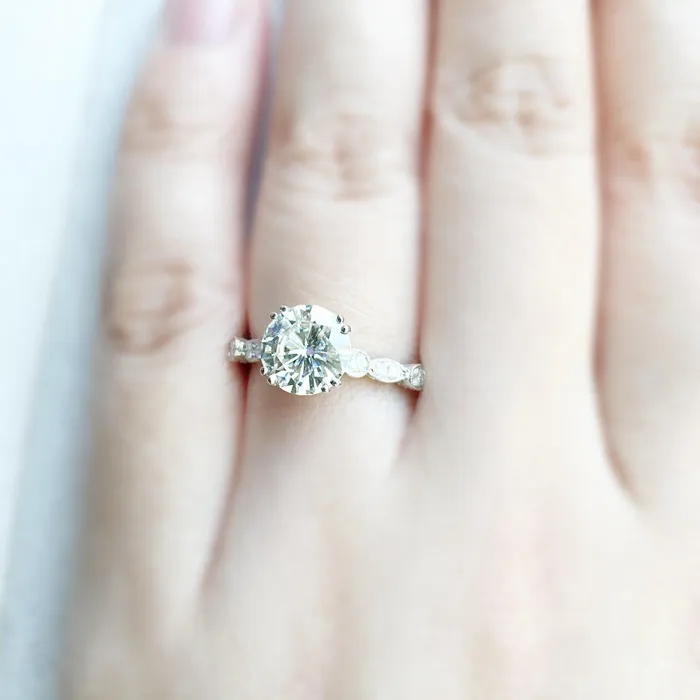 Rings 8mm Round Moissanite Milgrain Diamond Bezel 4 Double Prong Ring Fire Brilliance 
