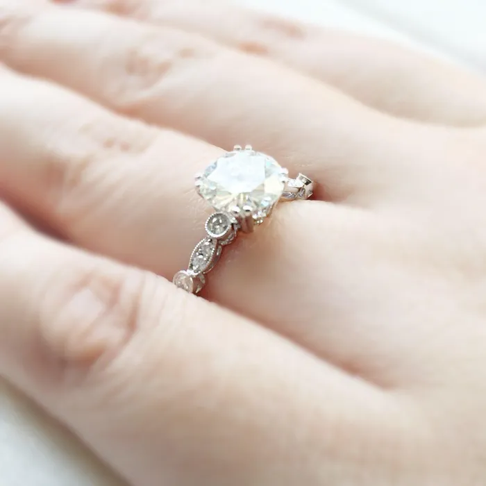 Rings 8mm Round Moissanite Milgrain Diamond Bezel 4 Double Prong Ring Fire Brilliance 