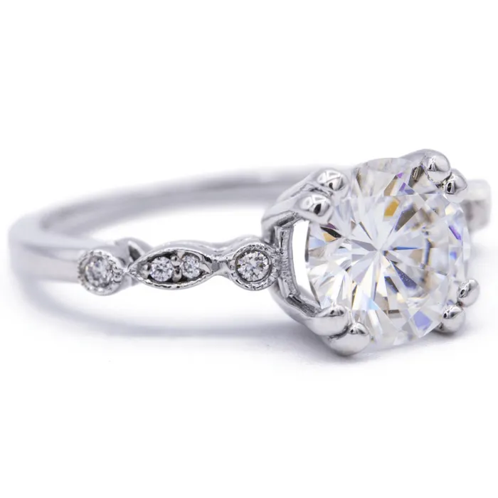 Rings 8mm Round Moissanite Milgrain Diamond Bezel 4 Double Prong Ring Fire Brilliance 