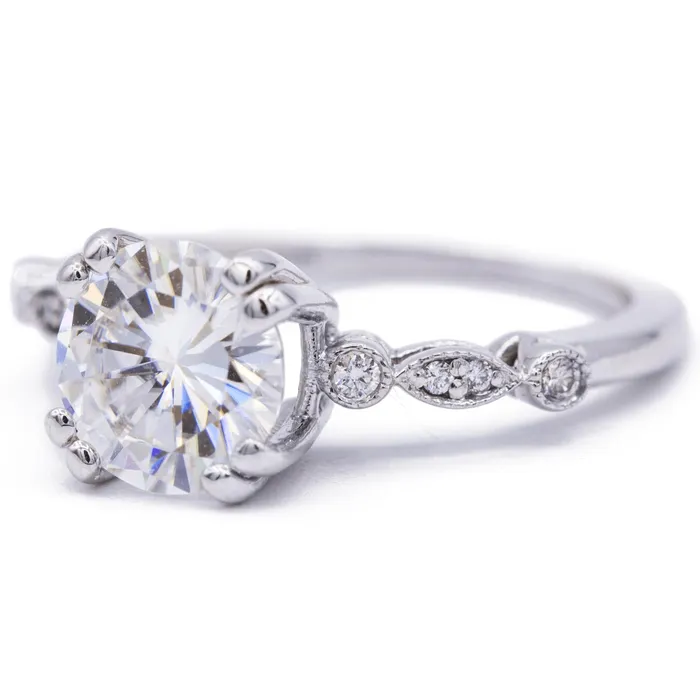 Rings 8mm Round Moissanite Milgrain Diamond Bezel 4 Double Prong Ring Fire Brilliance 