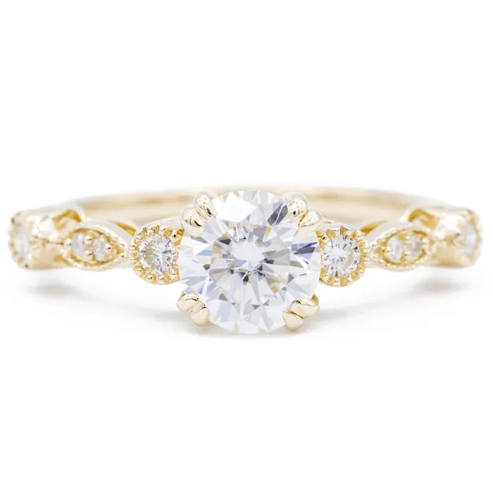 Rings 8mm Round Moissanite Milgrain Diamond Bezel 4 Double Prong Ring Fire Brilliance 