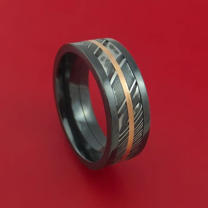 Rings Black Zirconium Ring with Kuro Damascus Steel and 14k Rose Gold Inlays Custom Made Band Lashbrook Rings Black Zirconium Ring with Kuro Damascus Steel and 14k Rose Gold Inlays Custom Made Band Lashbrook