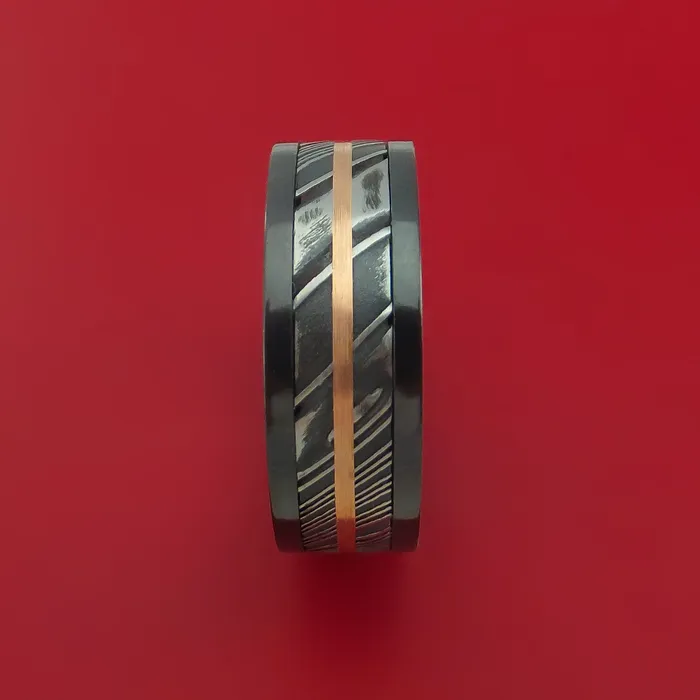 Rings Black Zirconium Ring with Kuro Damascus Steel and 14k Rose Gold Inlays Custom Made Band Lashbrook Rings Black Zirconium Ring with Kuro Damascus Steel and 14k Rose Gold Inlays Custom Made Band Lashbrook