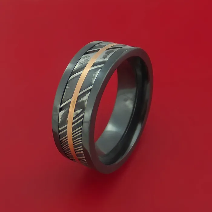 Rings Black Zirconium Ring with Kuro Damascus Steel and 14k Rose Gold Inlays Custom Made Band Lashbrook Rings Black Zirconium Ring with Kuro Damascus Steel and 14k Rose Gold Inlays Custom Made Band Lashbrook