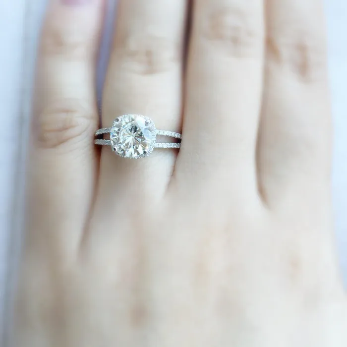 Rings Fire Brilliance 75mm Cushion Center 14KW Split Shank Diamond Accent Cushion Shaped Halo Ring