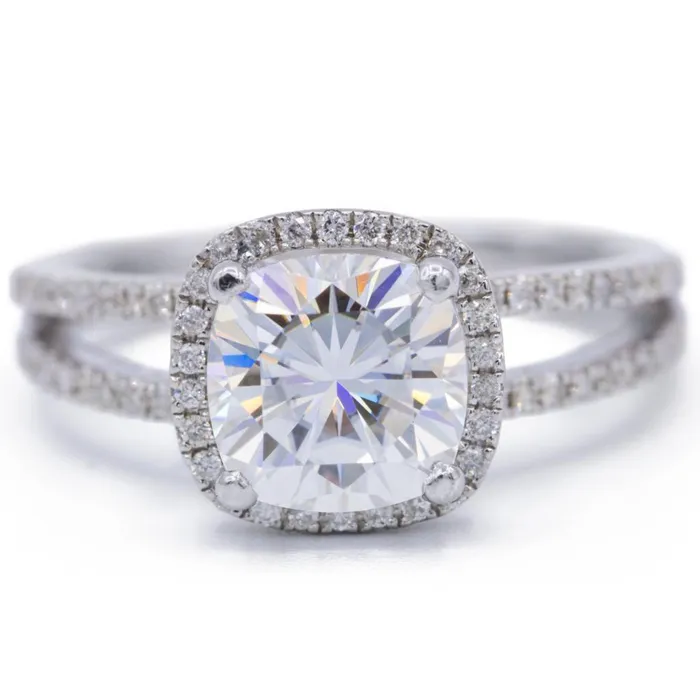 Rings Fire Brilliance 75mm Cushion Center 14KW Split Shank Diamond Accent Cushion Shaped Halo Ring