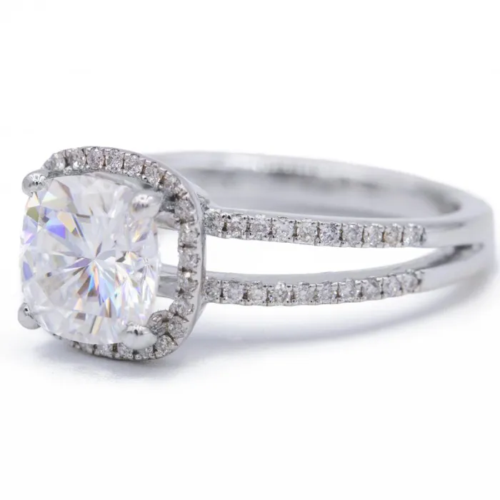 Rings Fire Brilliance 75mm Cushion Center 14KW Split Shank Diamond Accent Cushion Shaped Halo Ring