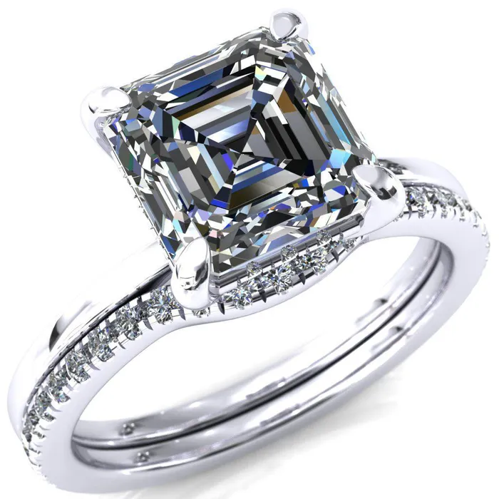 Rings Fire Brilliance Carmeli Asscher Moissanite 4 Claw Prong Micro Pave Diamond Rail Engagement Ring